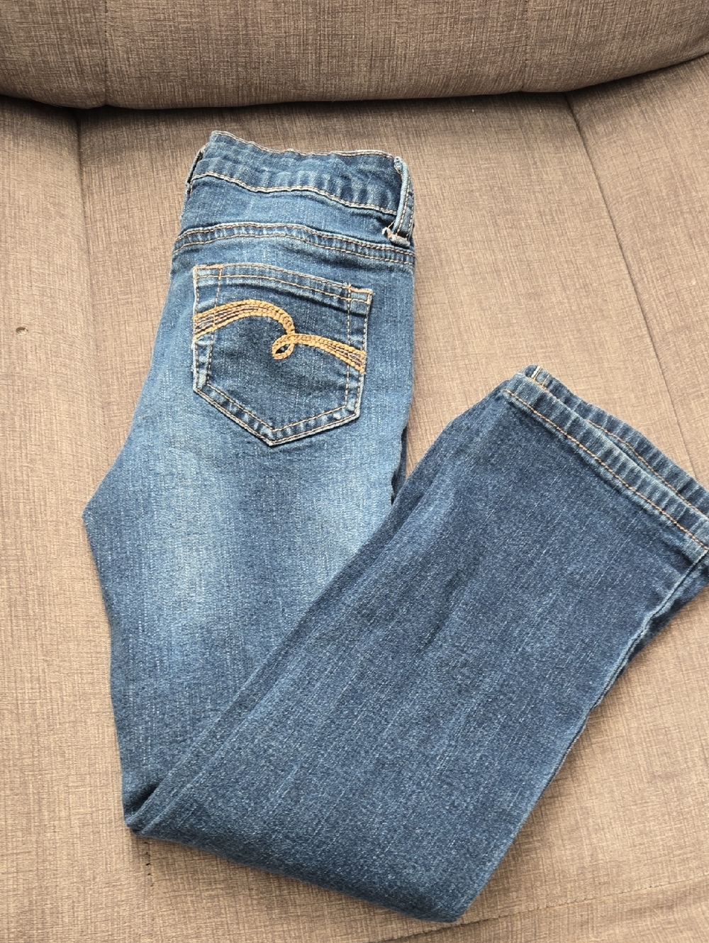 Justice Girls Blue Straight-Leg Jeans with Gold Embroidered Pocket